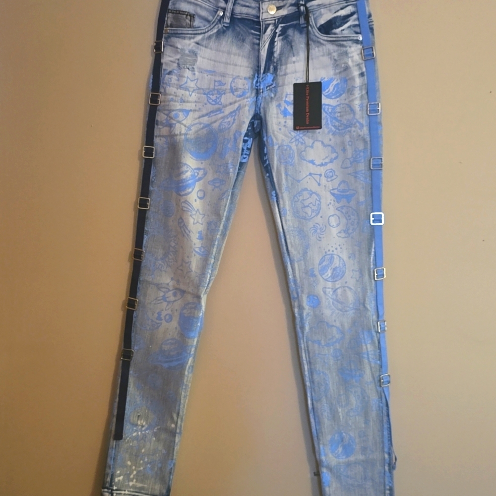 New Elite Premium Denim Kids Size 14-16 Solar Graphic Lightwash‎ Distressed Jean